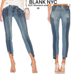 Blank NYC vertical Patchwork panel stripe denim skinny jeans Frayed Step Hem 26